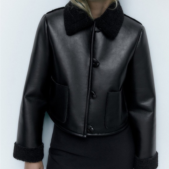 Zara Double Faced Leather Style and Sherpa Trim Jacket in Black - Picture 9 of 13